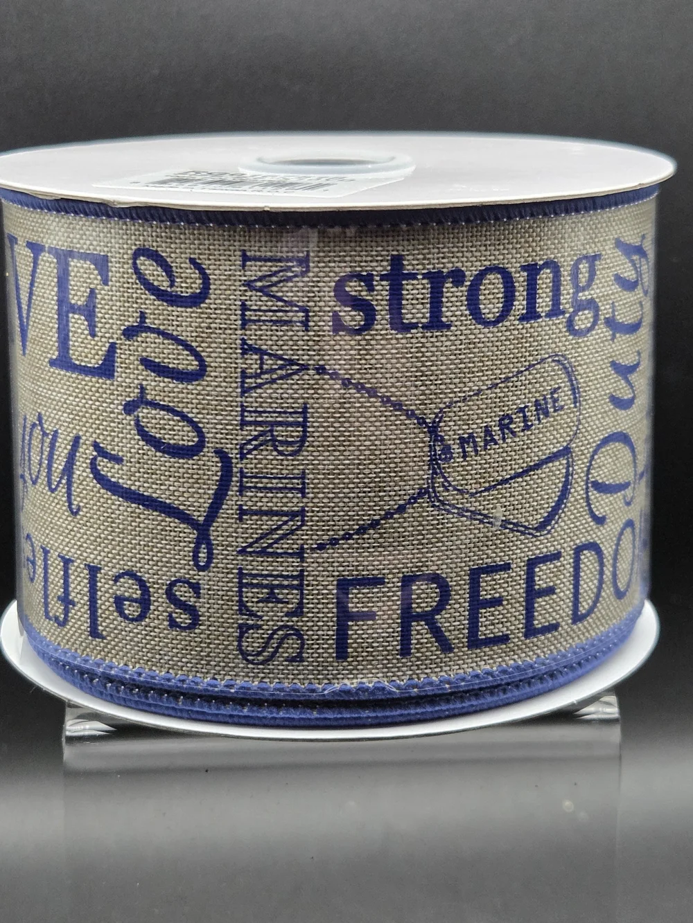 Patriotic Marines 'Hero' Wired Burlap Ribbon in Blue and Natural 10 Yards NWT